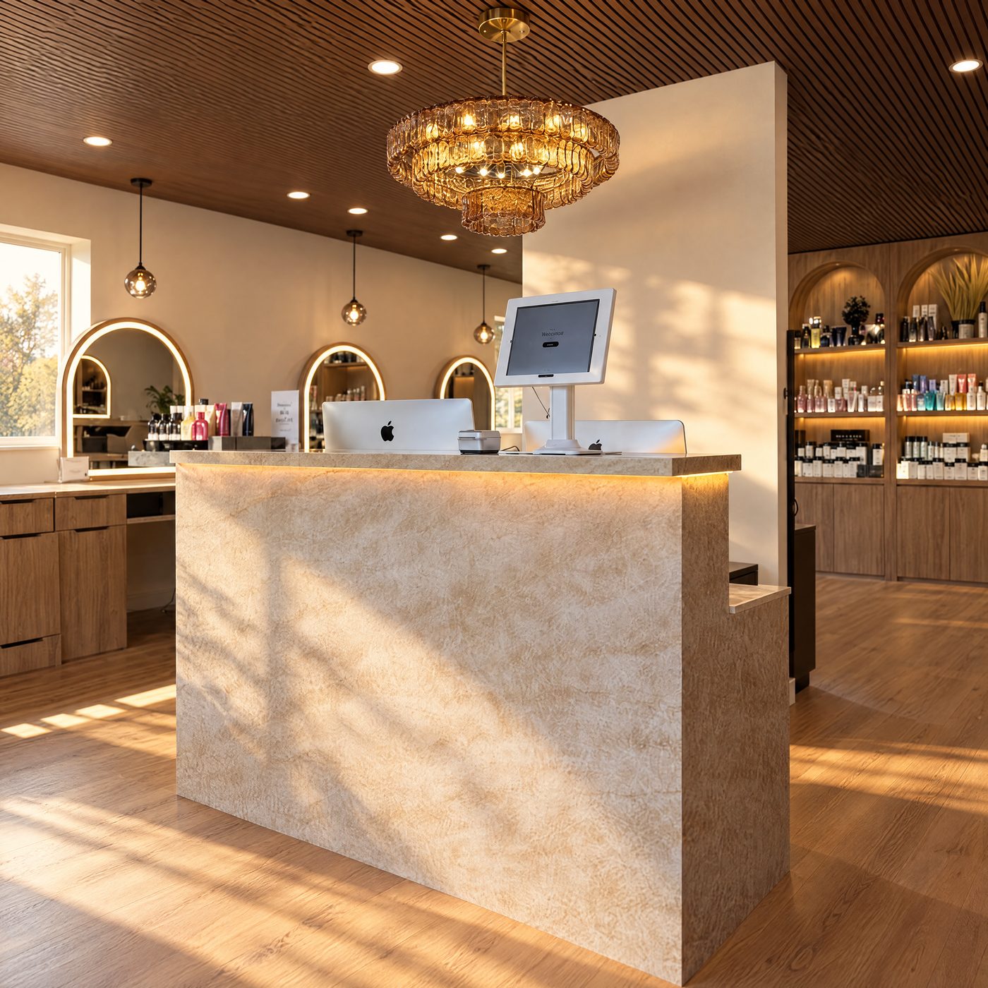 Reception desk and gold chandelier at Bloom Salon's Jefferson Street home