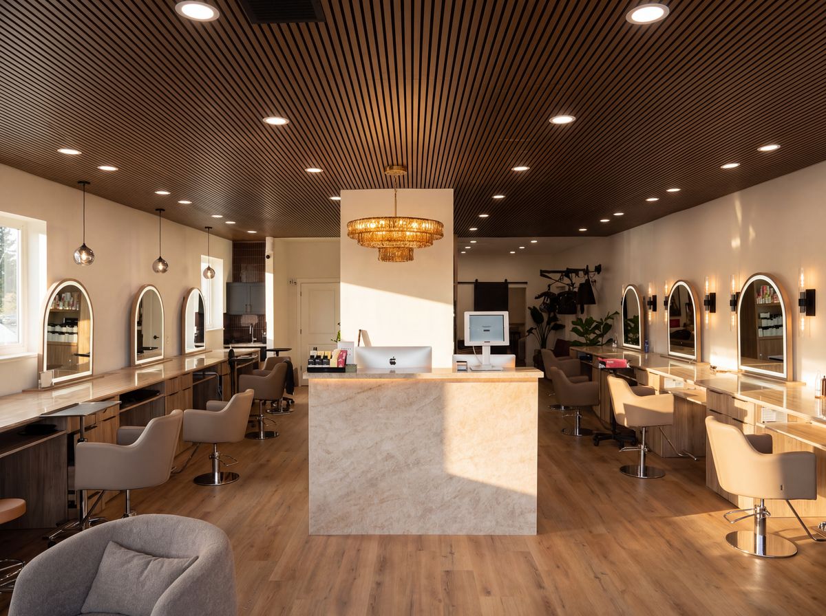 The Bloom Salon floor — arched lit mirrors and a gold chandelier
