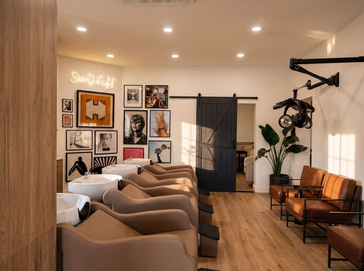 The shampoo lounge with gallery wall