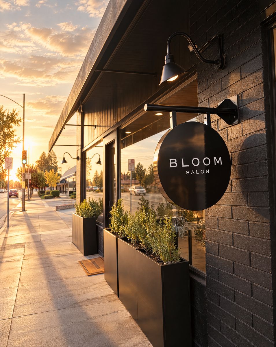 Bloom Salon storefront at golden hour